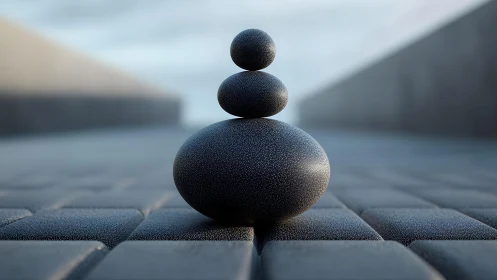 Zen basalt pebble stack on blurred geometric pathway.