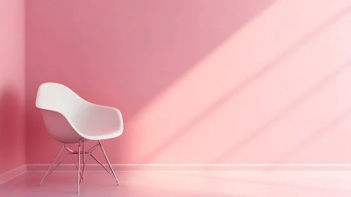 Sunlit pink corner cradling a sculpted modern white chair.
