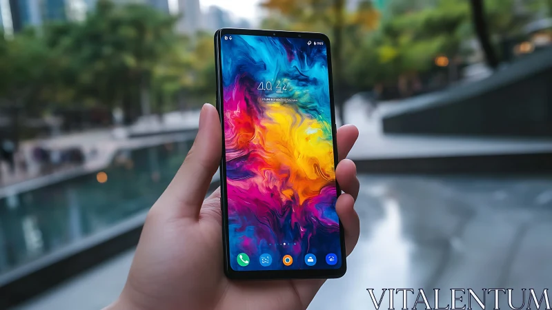 Vibrant Fluid Display: Modern Smartphone in Urban Setting
