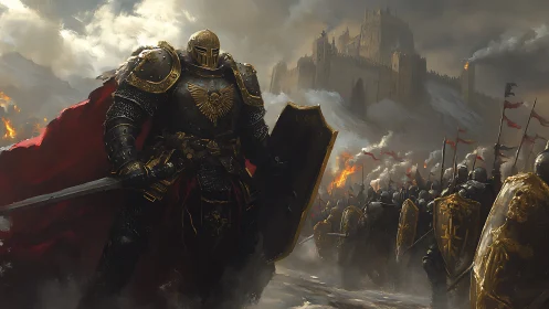 Heavily armored knight commands shield wall before besieged citadel