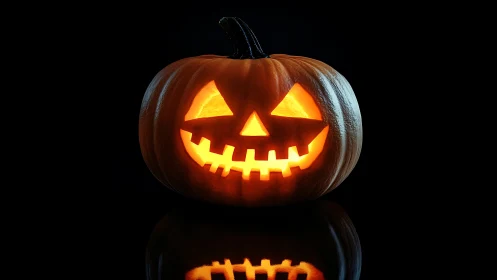 Glowing jack-o’-lantern rendered in high-contrast photorealism
