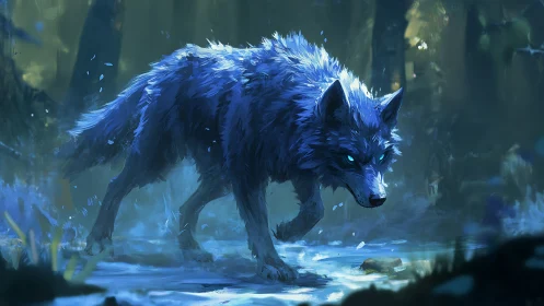 Luminous spirit wolf stalking through misty forest depths.
