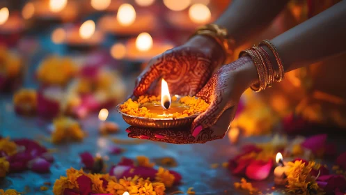 Henna-lit hands cradle a ceremonial Diwali diya in petals.