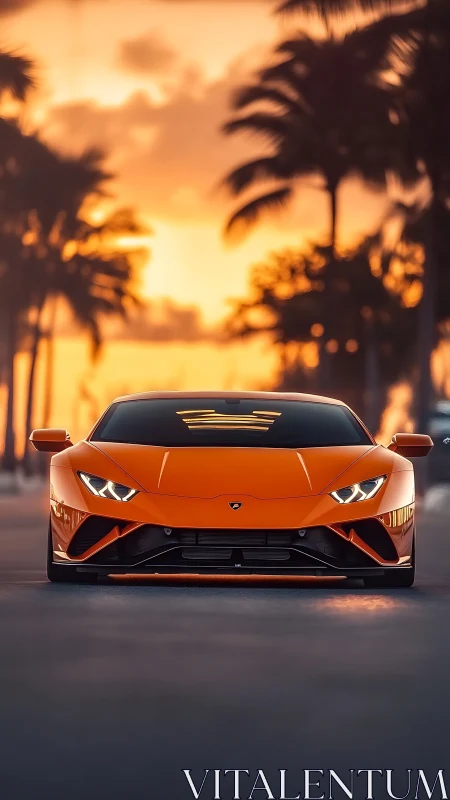 Orange supercar on coastal road at sunset front view.