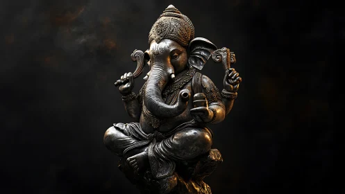 Bronze-toned seated Ganesha statue on dark gradient background.