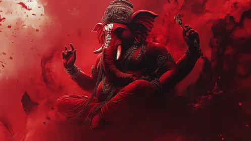 Crimson digital rendering of seated Ganesha with ornate jewelry