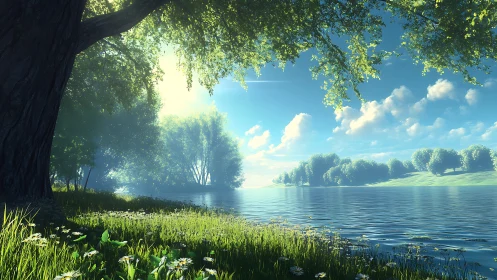 Sunlit riverside meadow glows beneath a clear blue sky