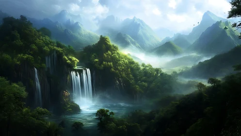 Layered waterfalls cascade through misty, densely forested valley