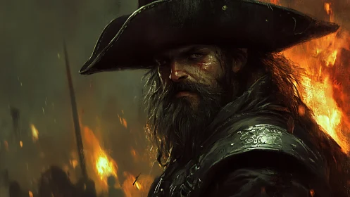 Battle-scarred pirate captain in flames and smoke.