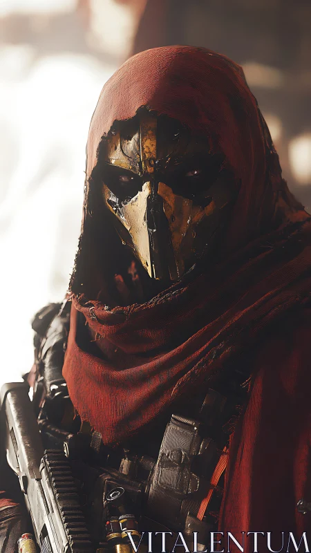 Hooded armored figure with rifle in soft diffused lighting.