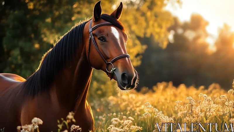 Photorealistic bay horse portrait in sunlit meadow composition.
