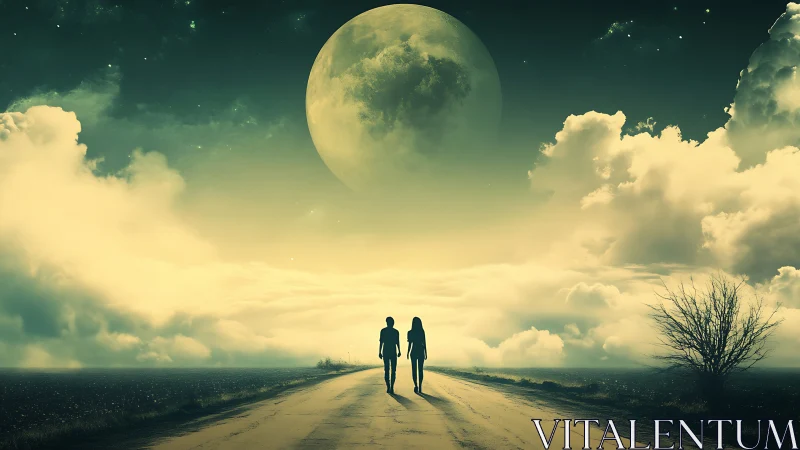 Luminous moonlit road with two silhouettes in dreamscape.