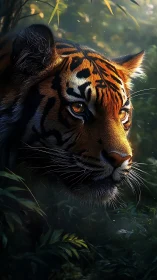 Tiger head emerges from shadowed jungle foliage at dusk