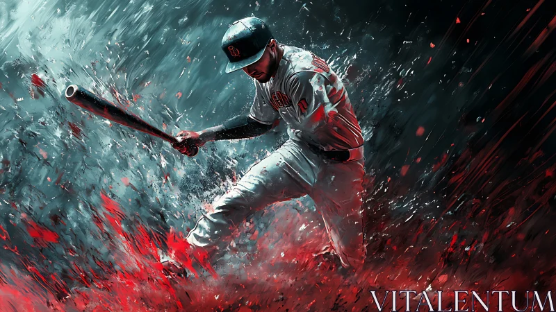 Electric baseball swing frozen in a blaze of color and grit.