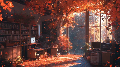 Office interior merged with autumn foliage and windowed wall.