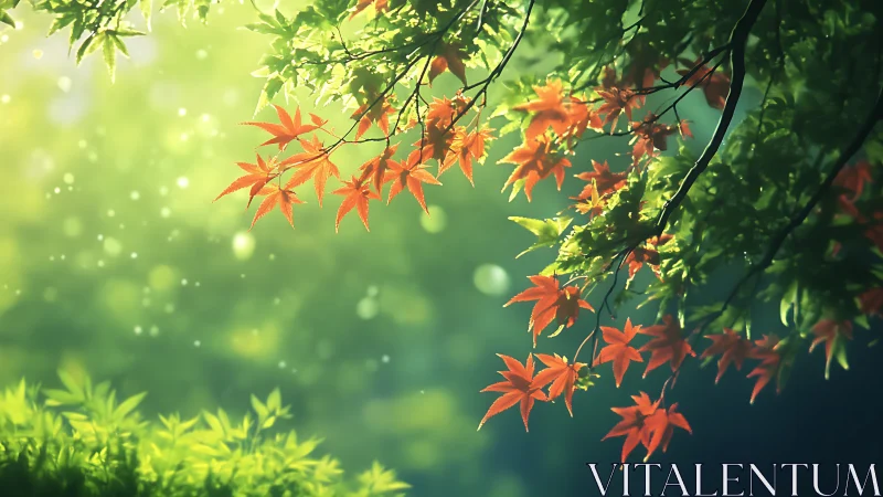 Red and green maple foliage against soft forest bokeh background.