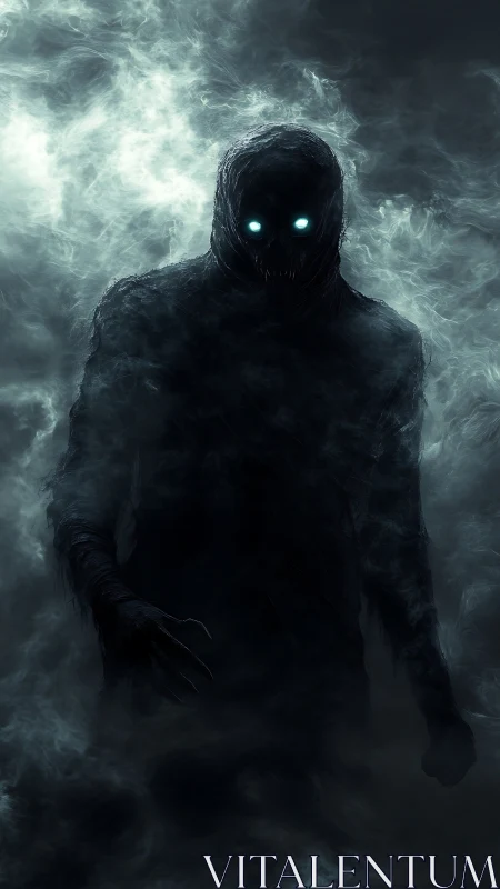 Shadow wraith emerges through swirling smoke and cold light.