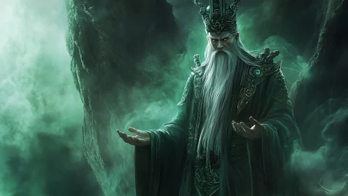 Ancient emerald sorcerer welcomes power from swirling mist