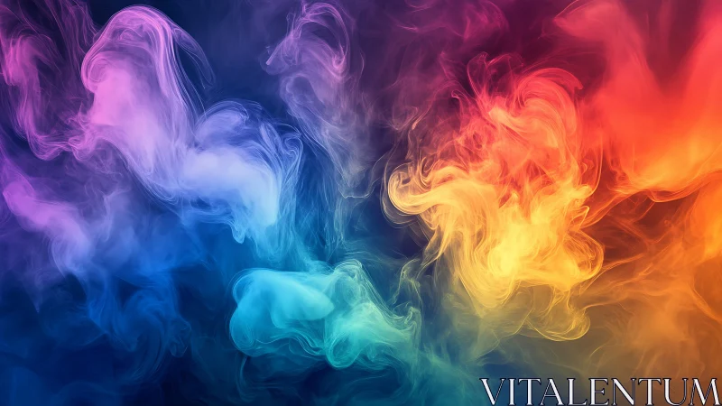 Swirling multicolor smoke plumes on deep indigo backdrop.