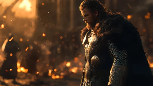 Embers crown a brooding warrior in molten twilight quiet