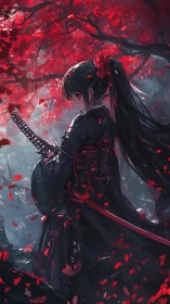 Crimson petals swirling around stoic anime swordswoman.