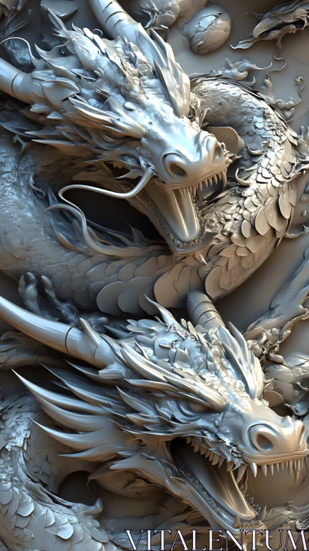 Coiled silver dragons frozen mid-roar in sculpted motion.