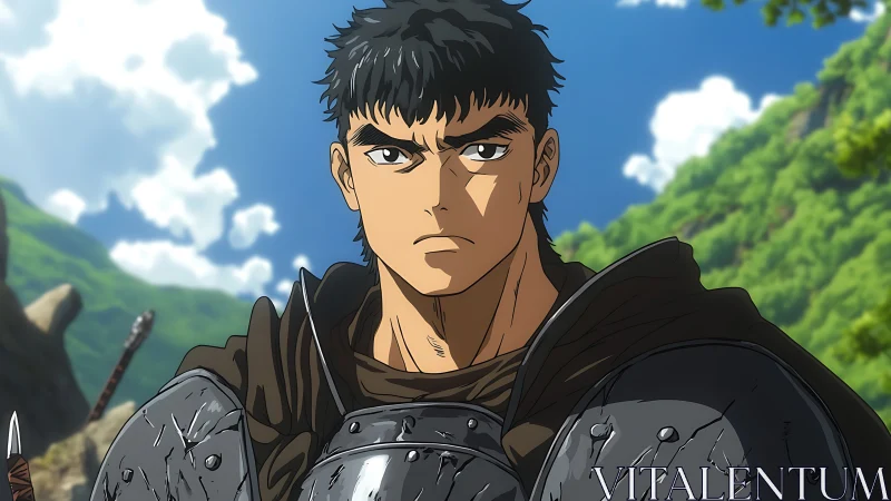 Armored swordsman under high-contrast daylight atmospheric depth.