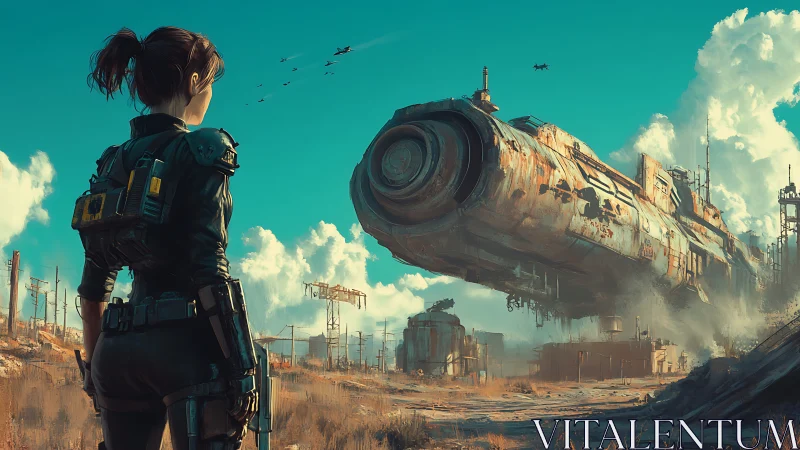 Concept art of lone scout and derelict hovering starship landscape.