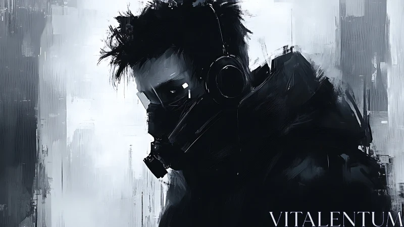 Masked cyberpunk vigilante stands in stark monochrome light.