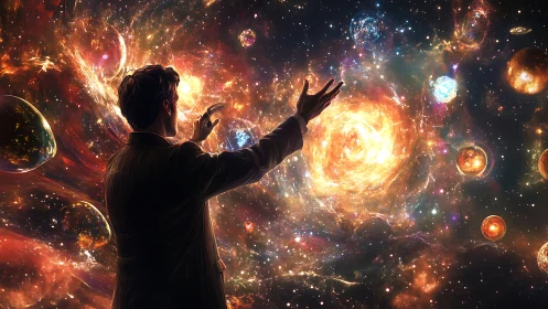 Man orchestrates swirling cosmic nebulae and radiant spheres