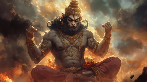 Mythic warrior deity levitates in blazing storm-lit ambiance