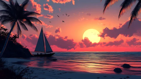 Digital painting sunset seascape with silhouetted sailboat and palms.