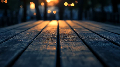 Soft sunset glow on worn wooden table under evening lights.