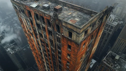 Rust crowned highrise brooding above a fog-drowned city.