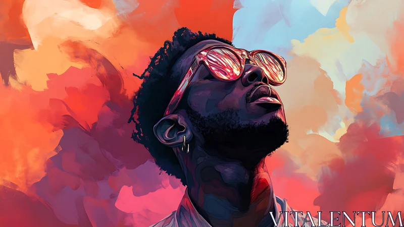 Digital painting portrait with luminous sky gradient backdrop.