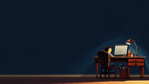 Night workspace scene isolates focused programmer at desk lamp