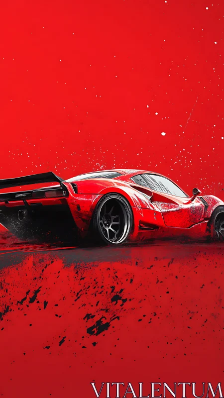 Red supercar drift on abstract splatter backdrop.