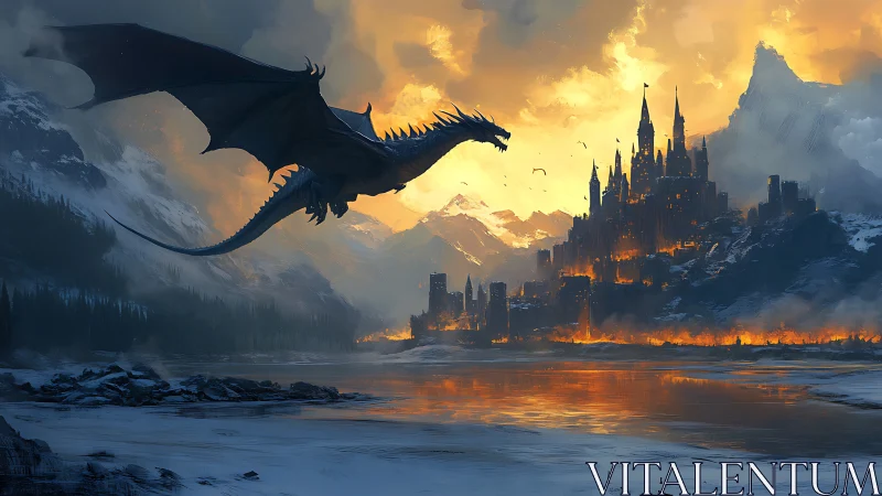 Midnight dragon siege above ember-lit mountain kingdom.