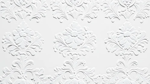 High-relief white baroque damask wall panel pattern in repeat