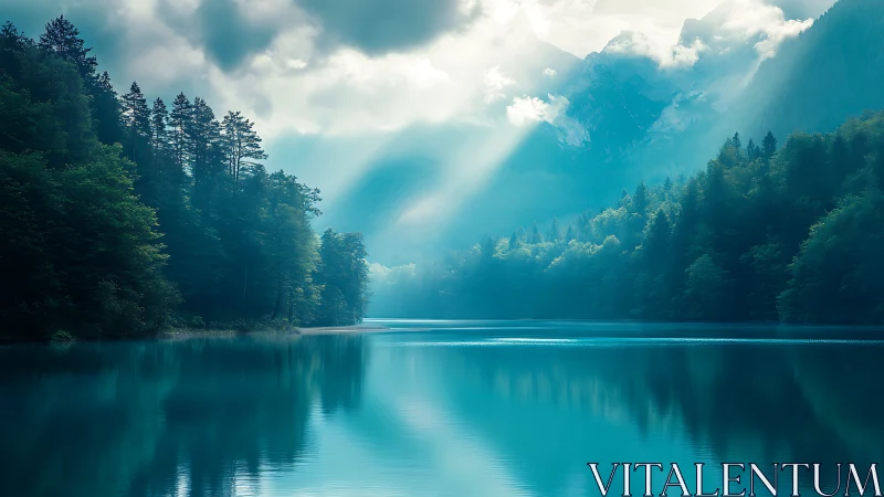 Mountain lake under volumetric light and teal haze.