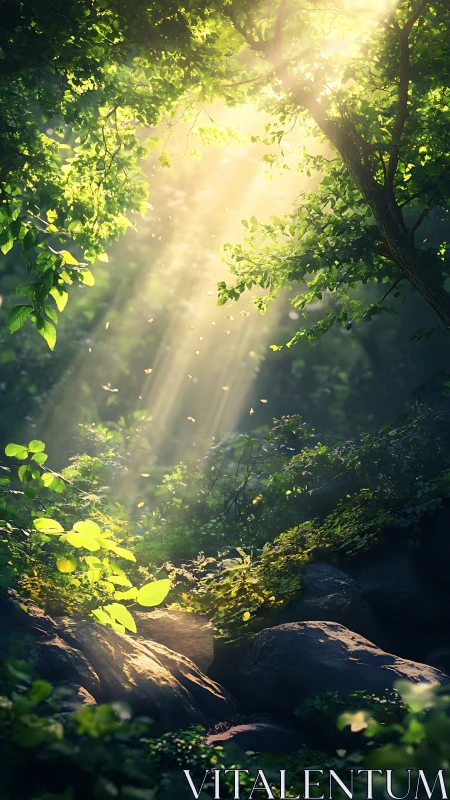 Sunlight penetrates dense forest canopy onto mossy rocks