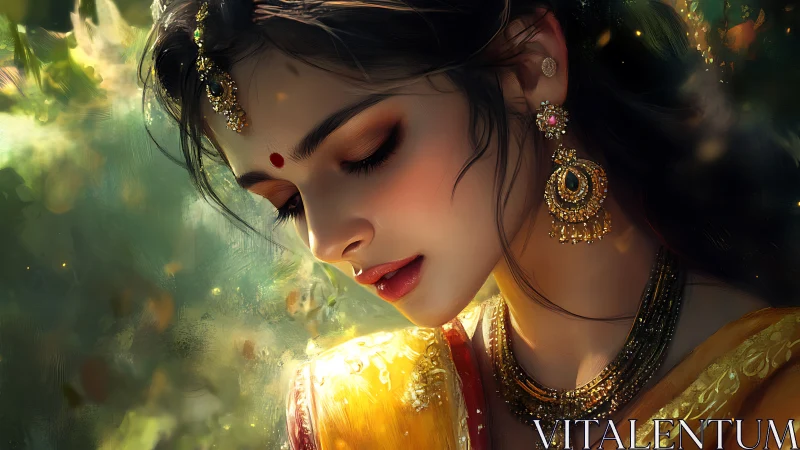 Graceful woman in traditional jewelry bathed in soft light.