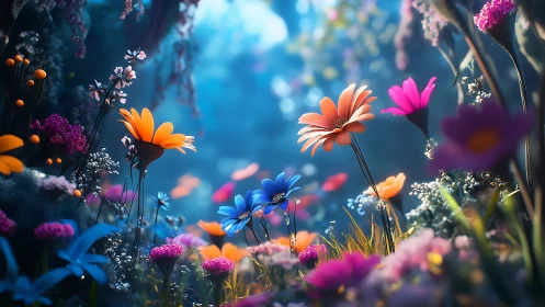 Vibrant digital meadow of colorful flowers in soft light.