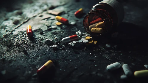 Photorealistic spill of prescription pills on gritty surface.