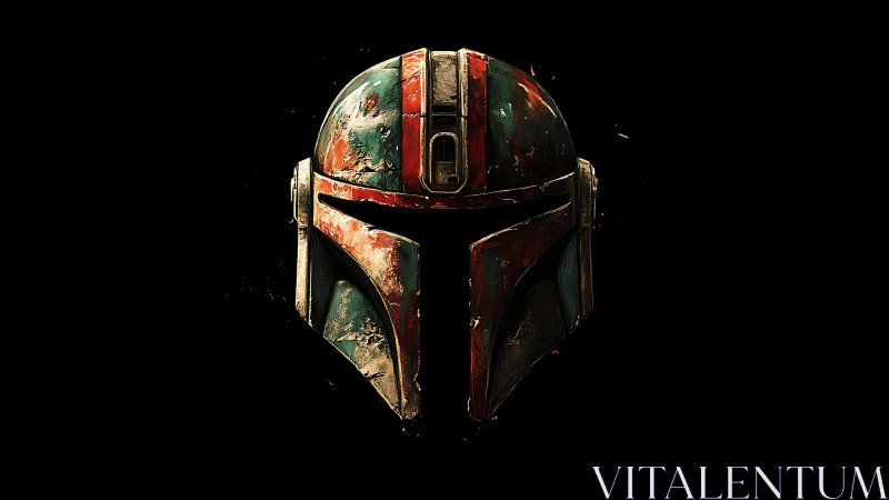 Battle-scarred sci-fi helmet glows against deep black void