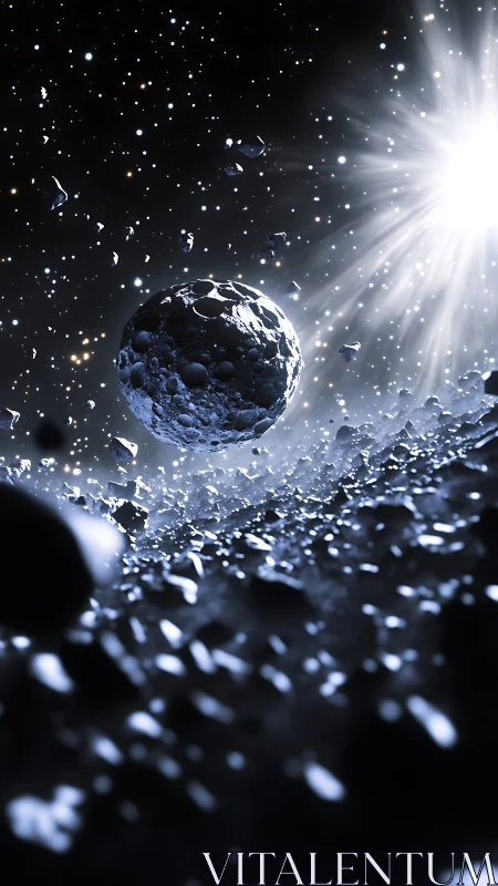 Icy asteroid field orbits bright star in deep space.