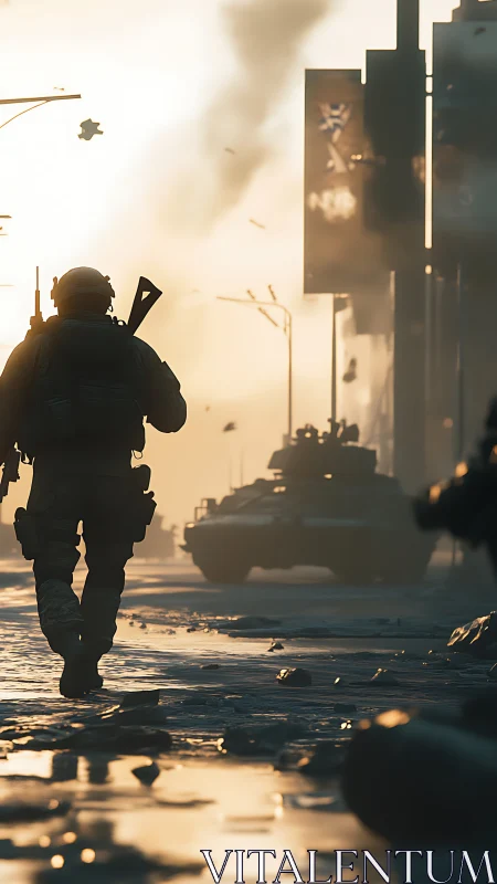 Sunlit soldier crossing a shattered city street at dawn.