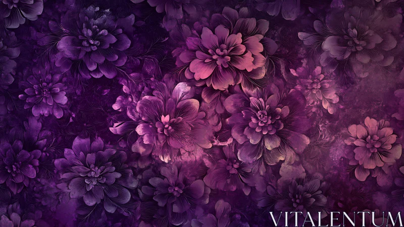 Purple floral composition with layered petals and textured background surfaces.