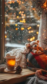 Winter window nook with teddy, blanket and warm candlelight.