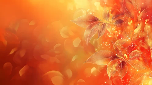 Warm orange floral digital background with glowing leaves.